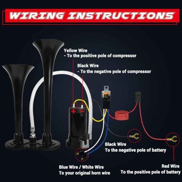 Air Horn for Truck Boats Car, 150DB Super Loud Train Horns Kit with 120 PSI Air Compressor (black, Dual) - Image 5