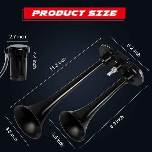 Air Horn for Truck Boats Car, 150DB Super Loud Train Horns Kit with 120 PSI Air Compressor (black, Dual) - Image 2